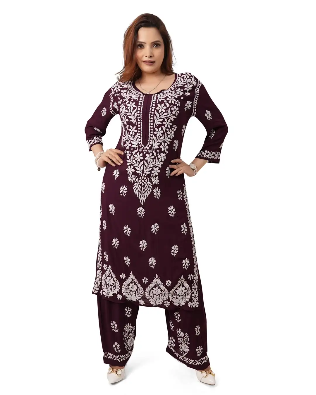 Wine Color White Embroidery